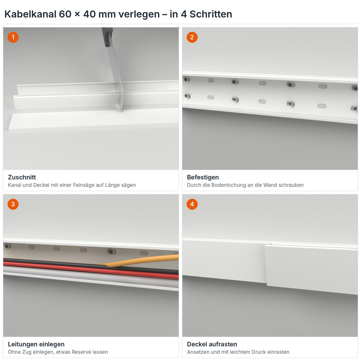 Kabelkanal 60×40 mm verlegen in 4 Schritten: Zuschnitt, Befestigen durch die Bodenlochung, Leitungen einlegen, Deckel aufrasten – Paket 10 Stangen