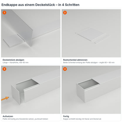 Endkappe für Kabelkanal 60×60 mm aus einem Deckelstück selbst herstellen – in 4 Schritten – Paket 20 Stangen