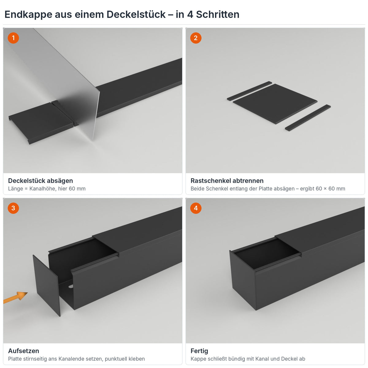 Endkappe für Kabelkanal 60×60 mm aus einem Deckelstück selbst herstellen – in 4 Schritten – Paket 10 Stangen