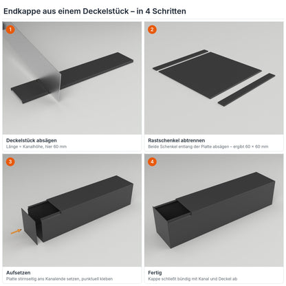 Endkappe für Kabelkanal 60×60 mm aus einem Deckelstück selbst herstellen – in 4 Schritten – Paket 10 Stangen