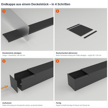 Endkappe für Kabelkanal 60×60 mm aus einem Deckelstück selbst herstellen – in 4 Schritten – Paket 20 Stangen