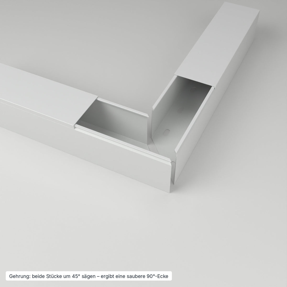 Kabelkanal 60×60 mm Grau – Gehrung: beide Stücke um 45° gesägt ergeben eine saubere 90°-Ecke – Paket 10 Stangen
