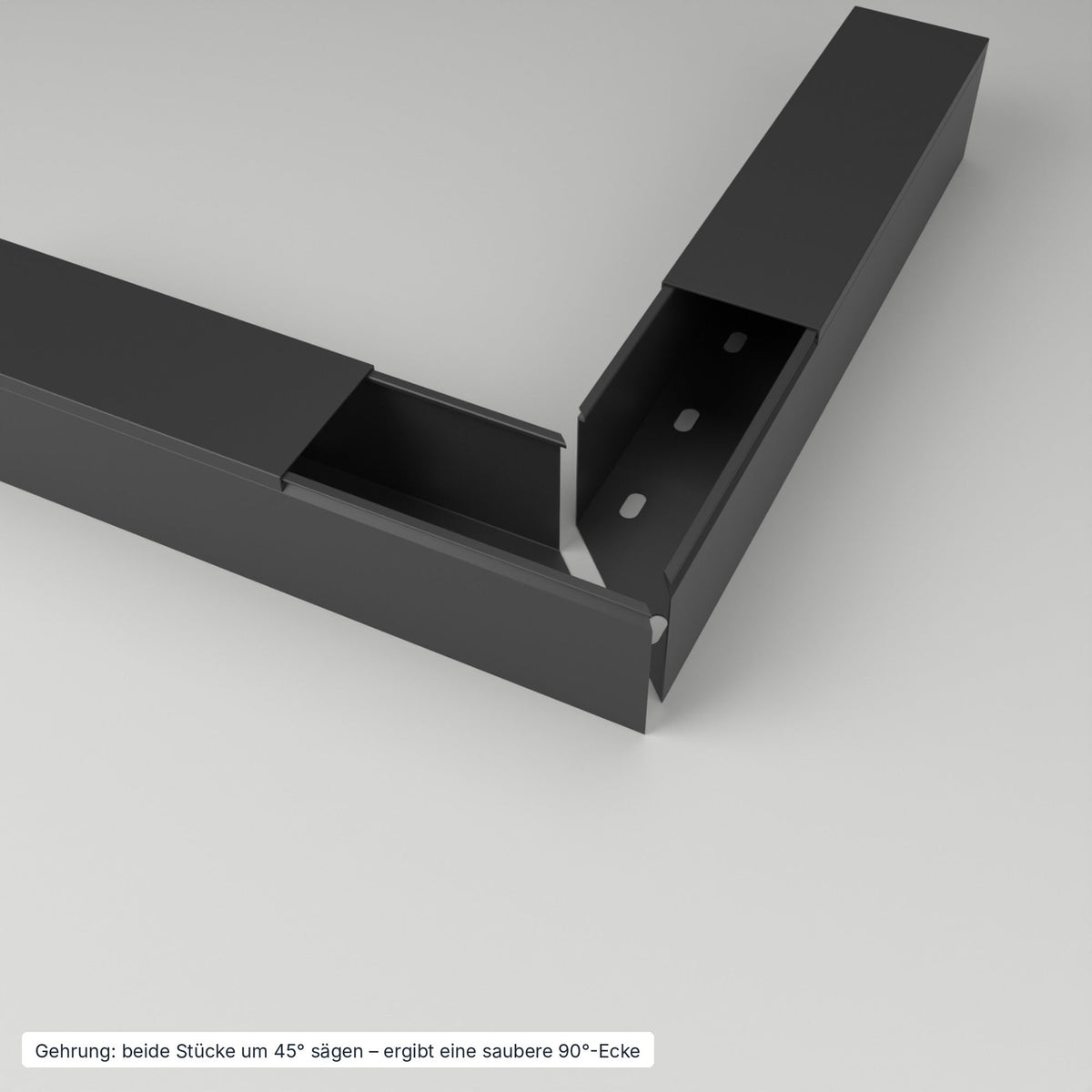 Kabelkanal 60×60 mm Schwarz – Gehrung: beide Stücke um 45° gesägt ergeben eine saubere 90°-Ecke – Paket 20 Stangen