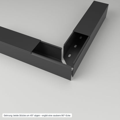 Kabelkanal 60×60 mm Schwarz – Gehrung: beide Stücke um 45° gesägt ergeben eine saubere 90°-Ecke – Paket 20 Stangen