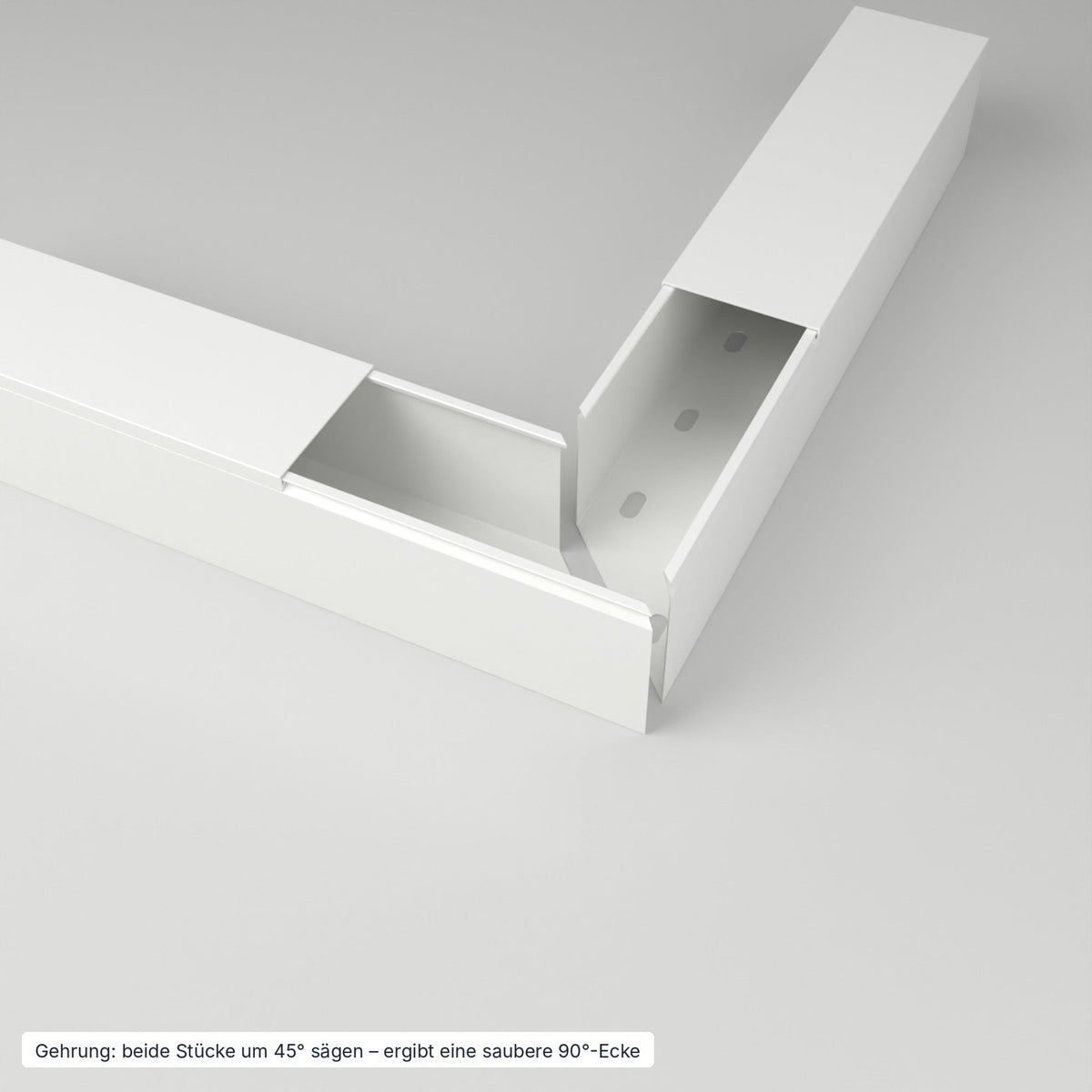 Kabelkanal 60×60 mm Weiß – Gehrung: beide Stücke um 45° gesägt ergeben eine saubere 90°-Ecke – Paket 20 Stangen
