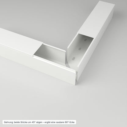 Kabelkanal 60×60 mm Weiß – Gehrung: beide Stücke um 45° gesägt ergeben eine saubere 90°-Ecke – Paket 20 Stangen