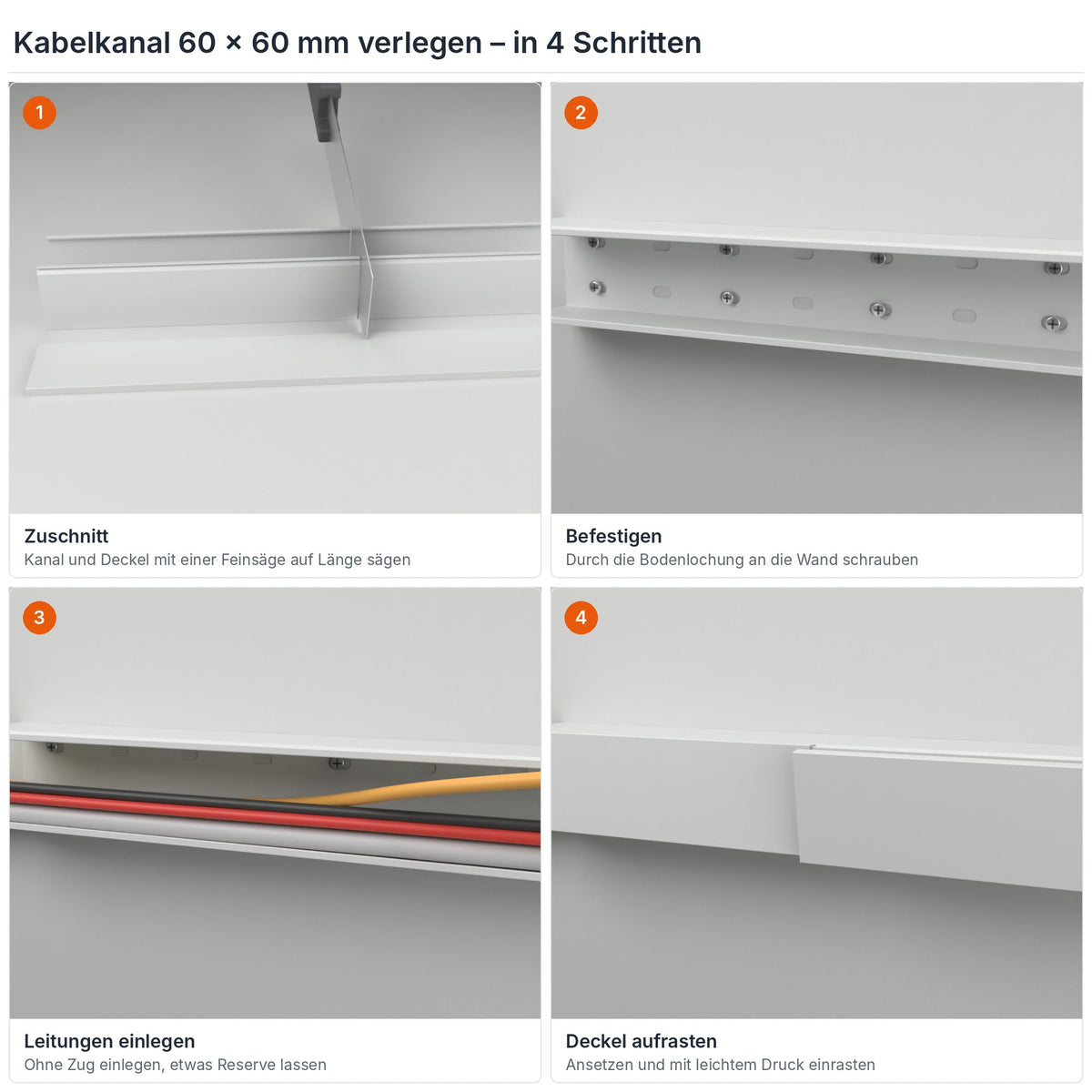 Kabelkanal 60×60 mm verlegen in 4 Schritten: Zuschnitt, Befestigen durch die Bodenlochung, Leitungen einlegen, Deckel aufrasten – Paket 10 Stangen