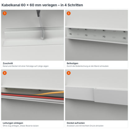 Kabelkanal 60×60 mm verlegen in 4 Schritten: Zuschnitt, Befestigen durch die Bodenlochung, Leitungen einlegen, Deckel aufrasten – Paket 10 Stangen