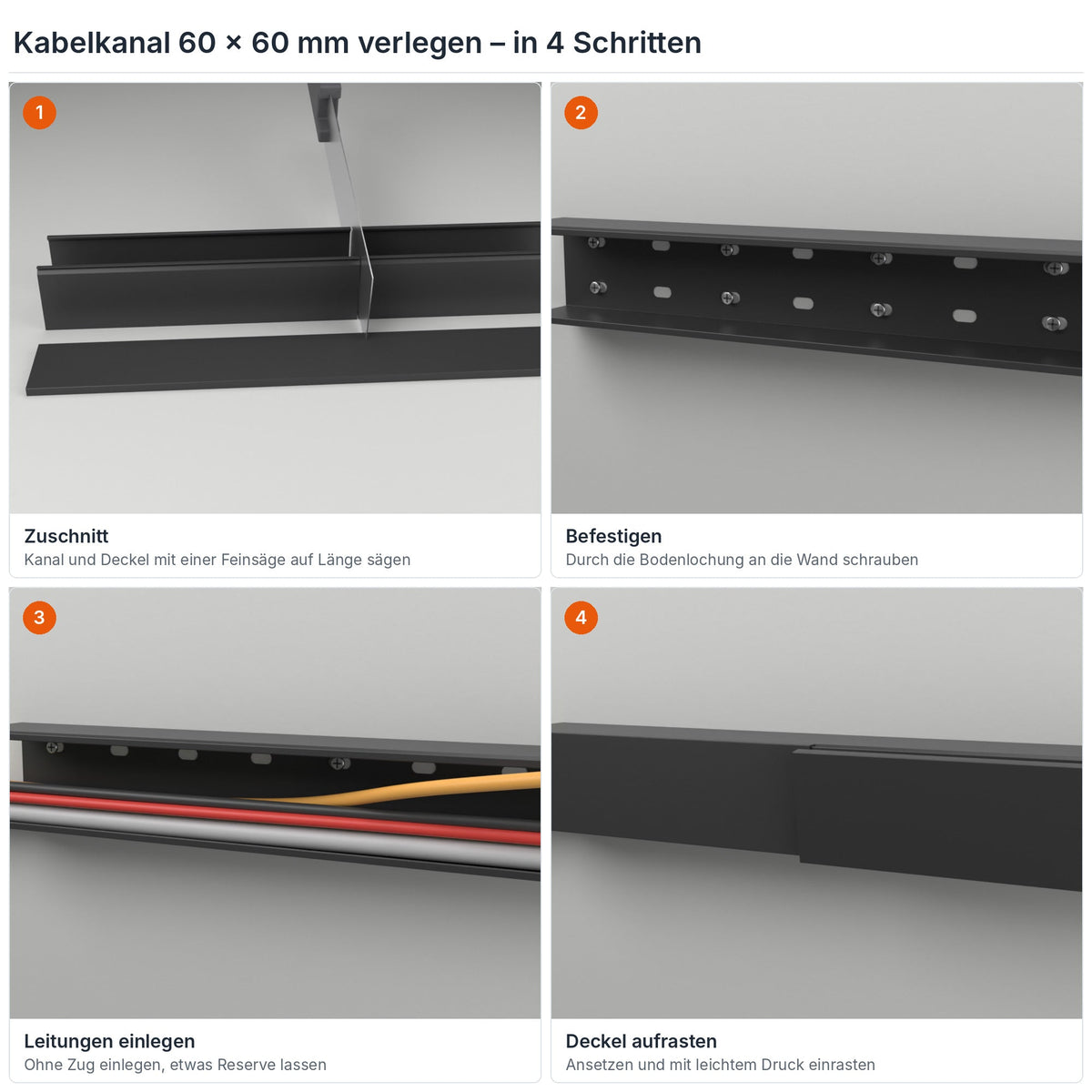 Kabelkanal 60×60 mm verlegen in 4 Schritten: Zuschnitt, Befestigen durch die Bodenlochung, Leitungen einlegen, Deckel aufrasten – Paket 20 Stangen
