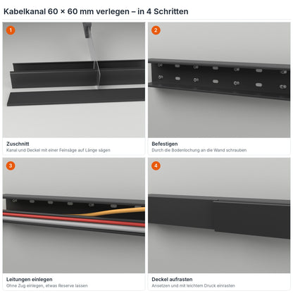 Kabelkanal 60×60 mm verlegen in 4 Schritten: Zuschnitt, Befestigen durch die Bodenlochung, Leitungen einlegen, Deckel aufrasten – Paket 10 Stangen