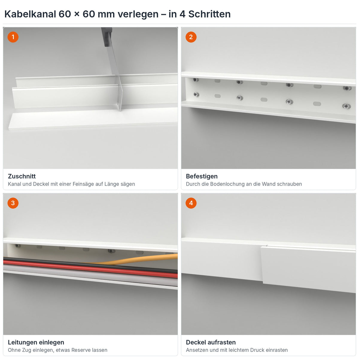 Kabelkanal 60×60 mm verlegen in 4 Schritten: Zuschnitt, Befestigen durch die Bodenlochung, Leitungen einlegen, Deckel aufrasten – Paket 20 Stangen
