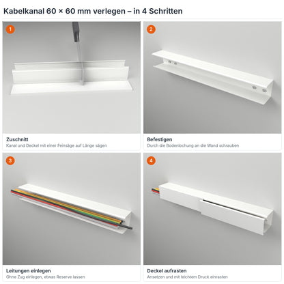 Kabelkanal 60×60 mm verlegen in 4 Schritten: Zuschnitt, Befestigen durch die Bodenlochung, Leitungen einlegen, Deckel aufrasten – Paket 20 Stangen