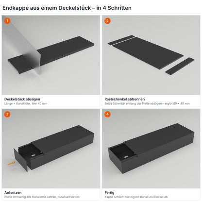Endkappe für Kabelkanal 80×40 mm aus einem Deckelstück selbst herstellen – in 4 Schritten – Paket 10 Stangen