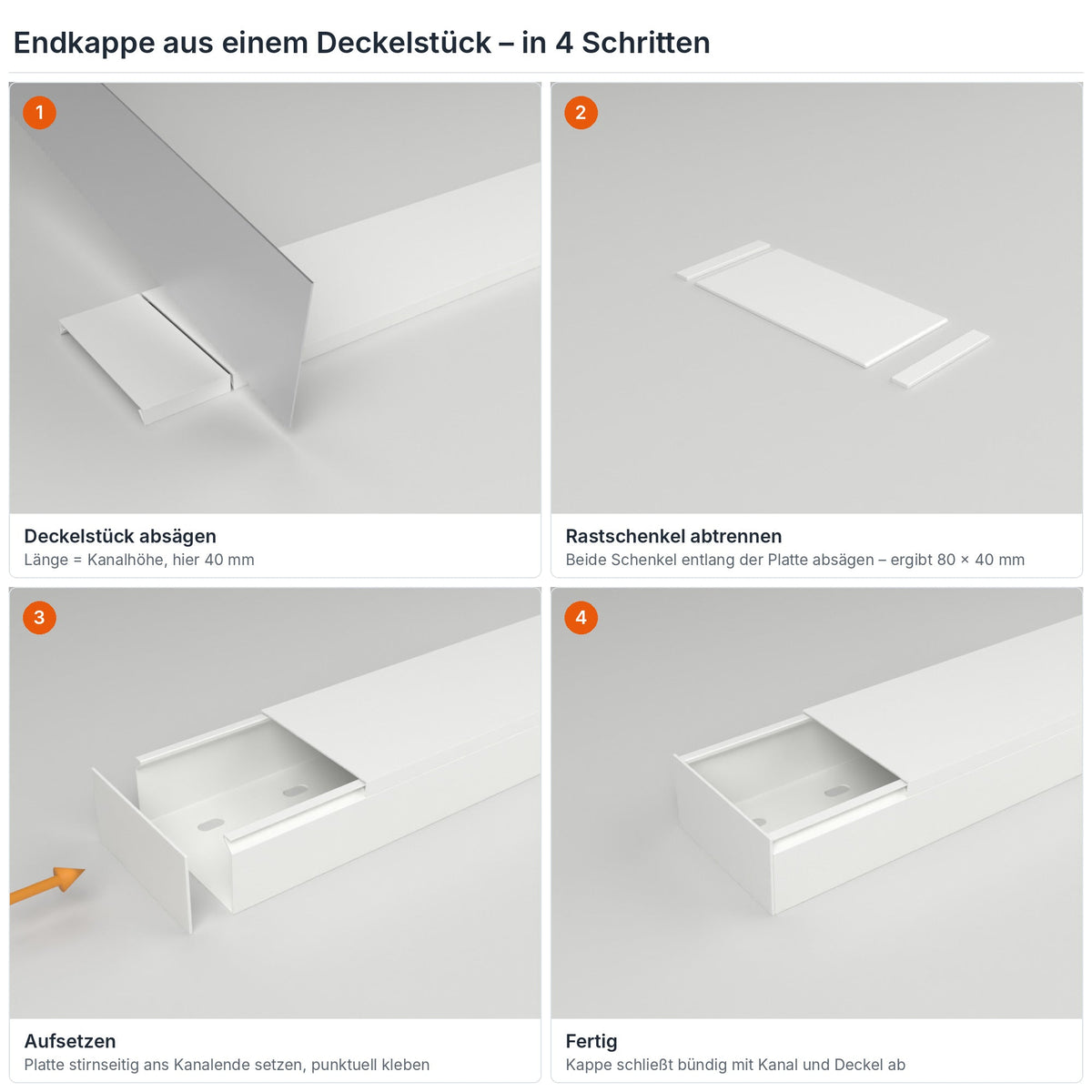 Endkappe für Kabelkanal 80×40 mm aus einem Deckelstück selbst herstellen – in 4 Schritten – Paket 10 Stangen