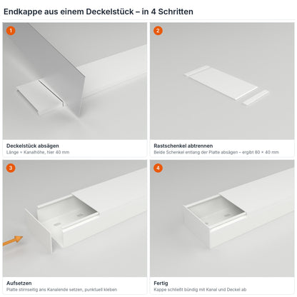 Endkappe für Kabelkanal 80×40 mm aus einem Deckelstück selbst herstellen – in 4 Schritten – Paket 10 Stangen