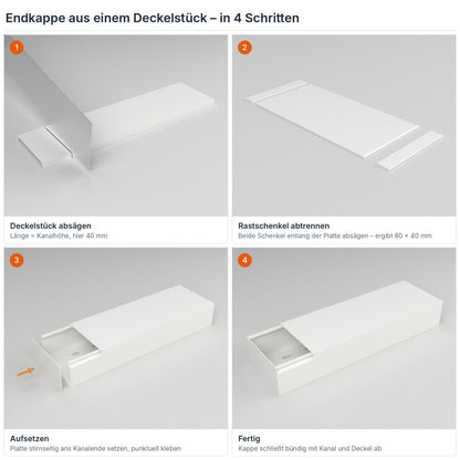 Endkappe für Kabelkanal 80×40 mm aus einem Deckelstück selbst herstellen – in 4 Schritten – Paket 20 Stangen