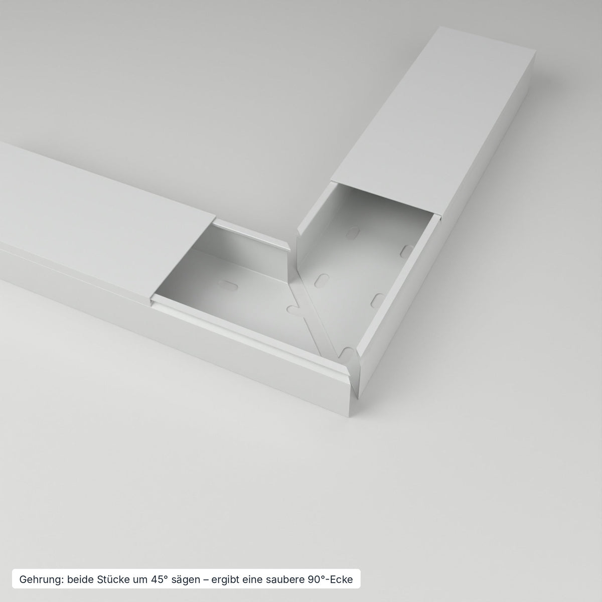 Kabelkanal 80×40 mm Grau – Gehrung: beide Stücke um 45° gesägt ergeben eine saubere 90°-Ecke – Paket 20 Stangen