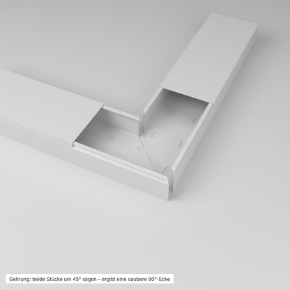 Kabelkanal 80×40 mm Grau – Gehrung: beide Stücke um 45° gesägt ergeben eine saubere 90°-Ecke – Paket 20 Stangen