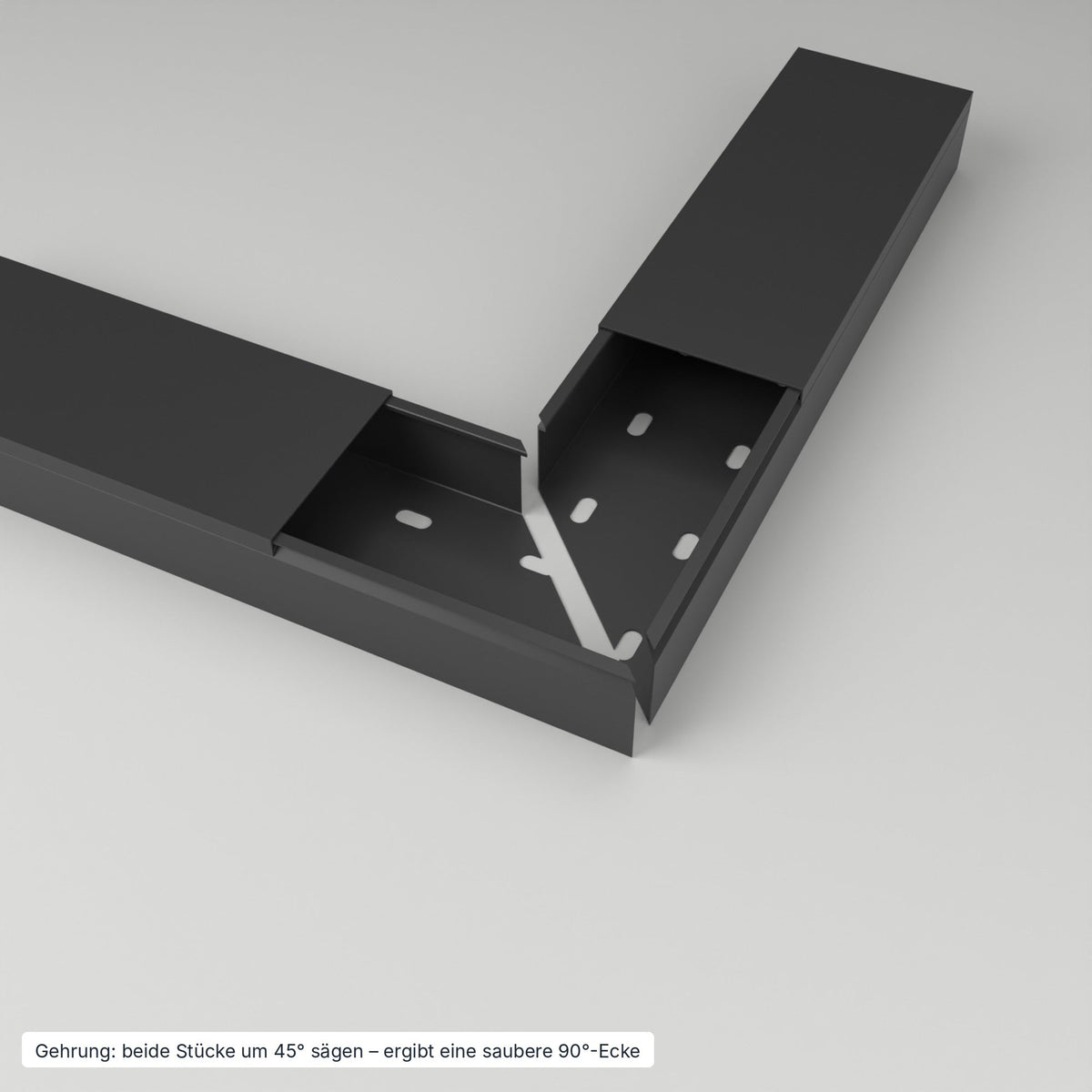 Kabelkanal 80×40 mm Schwarz – Gehrung: beide Stücke um 45° gesägt ergeben eine saubere 90°-Ecke – Paket 20 Stangen