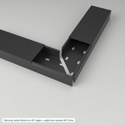 Kabelkanal 80×40 mm Schwarz – Gehrung: beide Stücke um 45° gesägt ergeben eine saubere 90°-Ecke – Paket 10 Stangen