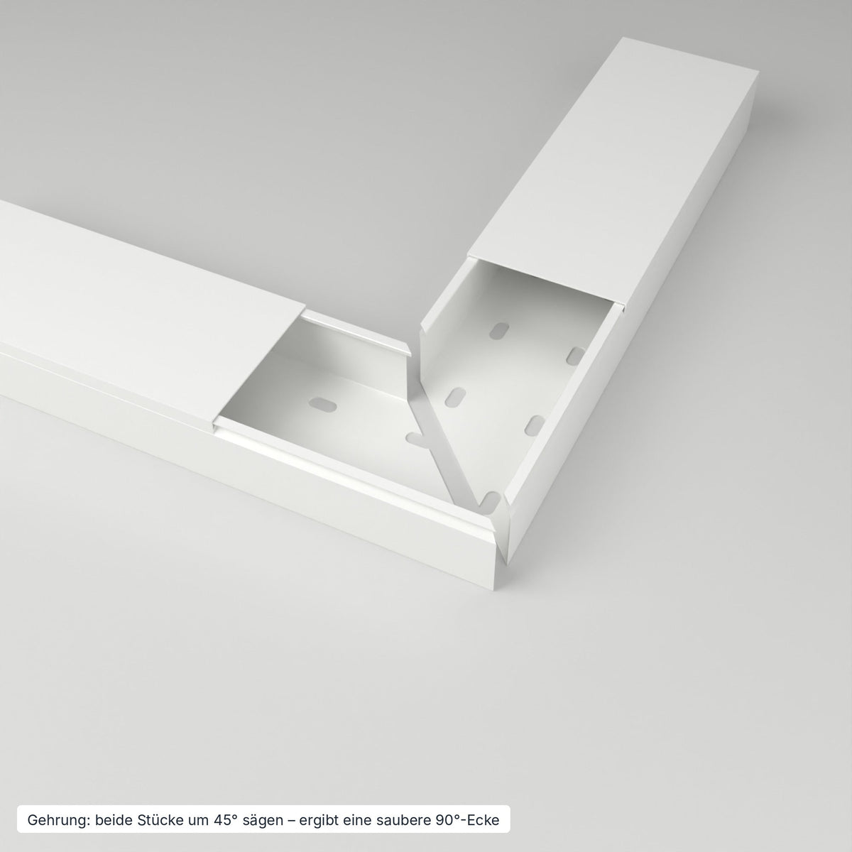 Kabelkanal 80×40 mm Weiß – Gehrung: beide Stücke um 45° gesägt ergeben eine saubere 90°-Ecke – Paket 10 Stangen