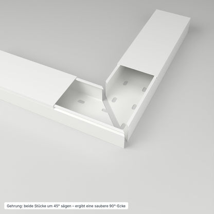 Kabelkanal 80×40 mm Weiß – Gehrung: beide Stücke um 45° gesägt ergeben eine saubere 90°-Ecke – Paket 10 Stangen
