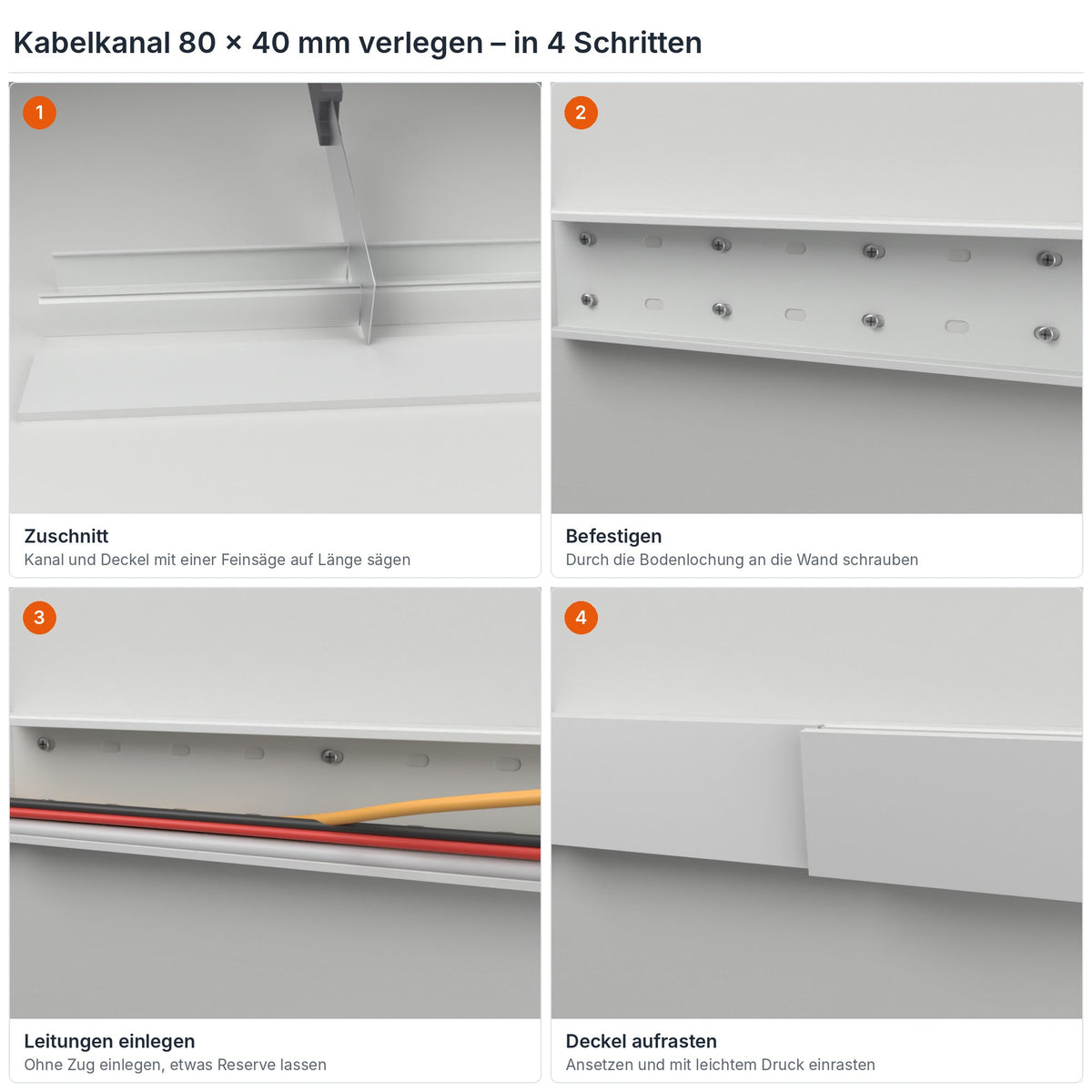 Kabelkanal 80×40 mm verlegen in 4 Schritten: Zuschnitt, Befestigen durch die Bodenlochung, Leitungen einlegen, Deckel aufrasten – Paket 10 Stangen