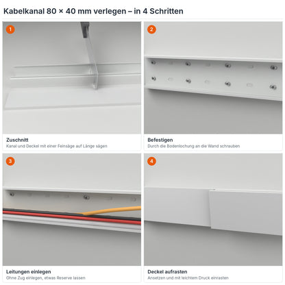 Kabelkanal 80×40 mm verlegen in 4 Schritten: Zuschnitt, Befestigen durch die Bodenlochung, Leitungen einlegen, Deckel aufrasten – Paket 20 Stangen