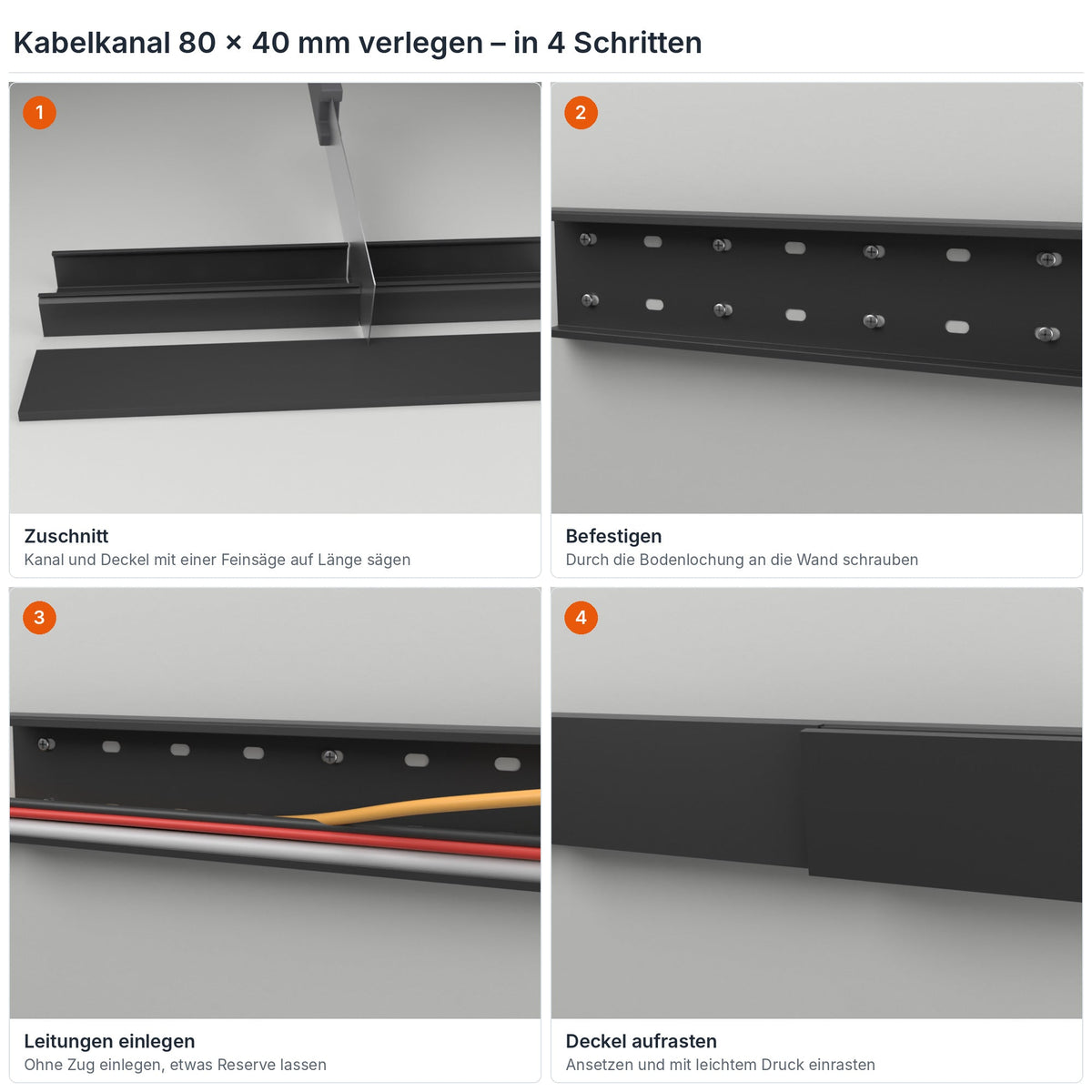 Kabelkanal 80×40 mm verlegen in 4 Schritten: Zuschnitt, Befestigen durch die Bodenlochung, Leitungen einlegen, Deckel aufrasten – Paket 20 Stangen