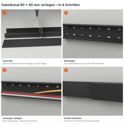 Kabelkanal 80×40 mm verlegen in 4 Schritten: Zuschnitt, Befestigen durch die Bodenlochung, Leitungen einlegen, Deckel aufrasten – Paket 20 Stangen