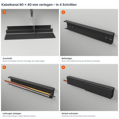 Kabelkanal 80×40 mm verlegen in 4 Schritten: Zuschnitt, Befestigen durch die Bodenlochung, Leitungen einlegen, Deckel aufrasten – Paket 10 Stangen