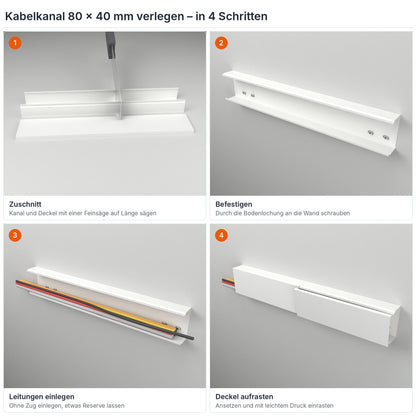 Kabelkanal 80×40 mm verlegen in 4 Schritten: Zuschnitt, Befestigen durch die Bodenlochung, Leitungen einlegen, Deckel aufrasten – Paket 10 Stangen