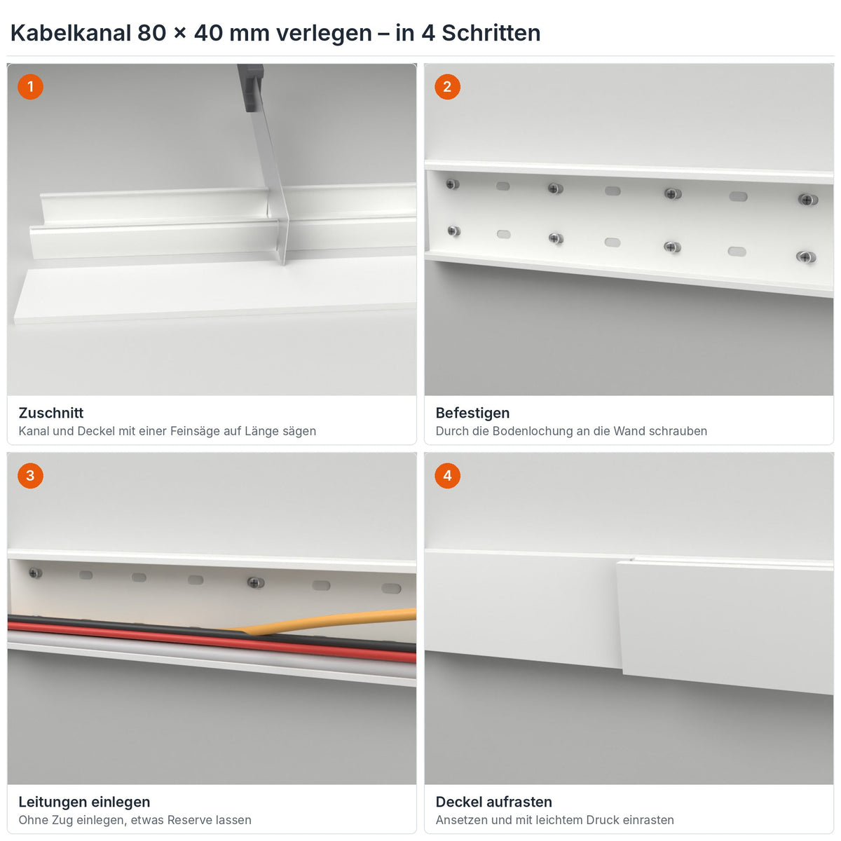 Kabelkanal 80×40 mm verlegen in 4 Schritten: Zuschnitt, Befestigen durch die Bodenlochung, Leitungen einlegen, Deckel aufrasten – Paket 20 Stangen