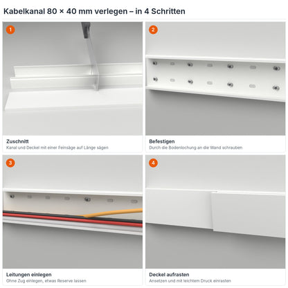 Kabelkanal 80×40 mm verlegen in 4 Schritten: Zuschnitt, Befestigen durch die Bodenlochung, Leitungen einlegen, Deckel aufrasten – Paket 20 Stangen