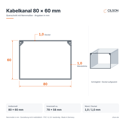 Maßskizze CILSON Kabelkanal 80×60 mm – Querschnitt mit Außenmaß 80 × 60 mm, Innenmaß ca. 78 × 58 mm, Wandstärke 1,0 mm, Deckel 1,0 mm – Paket 10 Stangen
