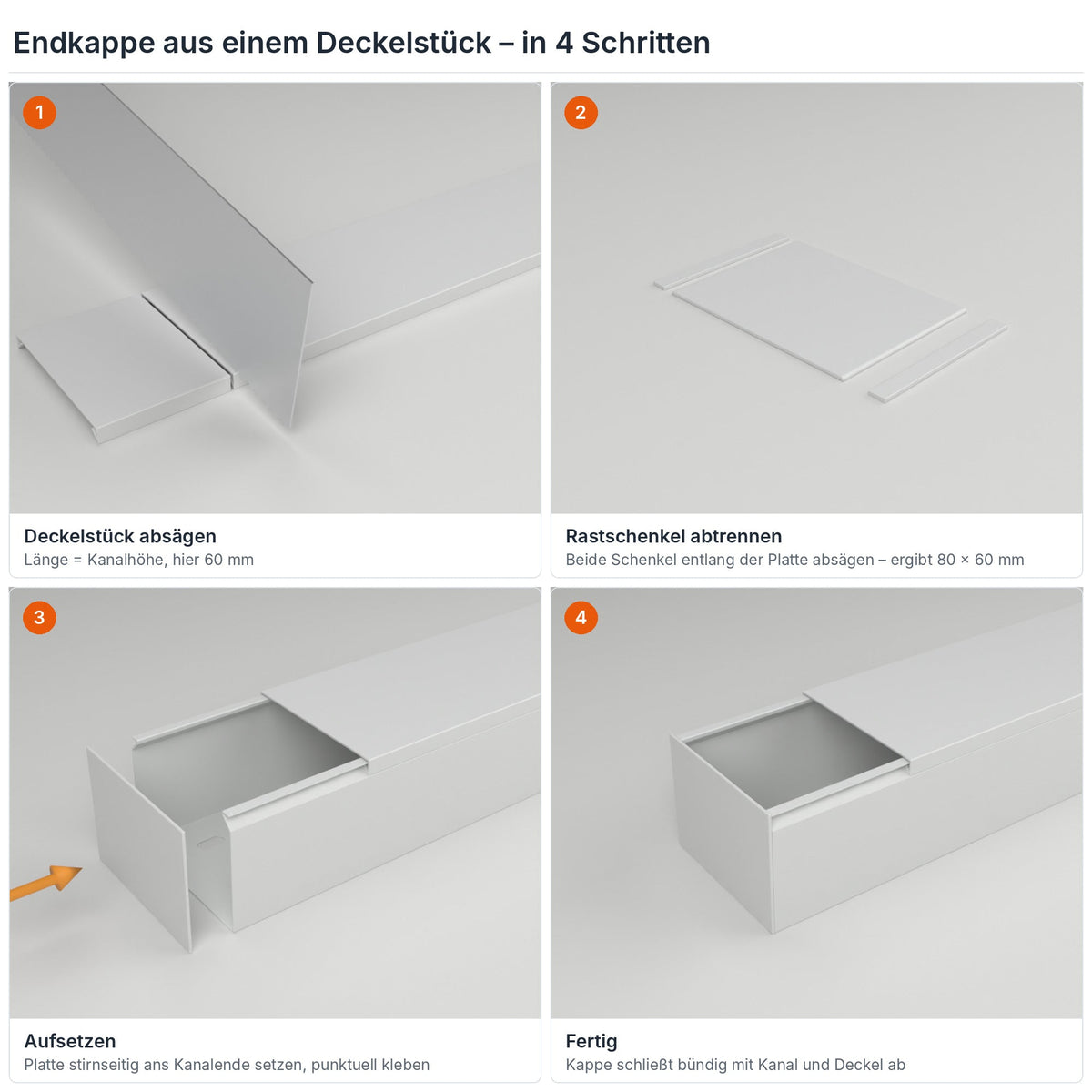 Endkappe für Kabelkanal 80×60 mm aus einem Deckelstück selbst herstellen – in 4 Schritten – Paket 20 Stangen