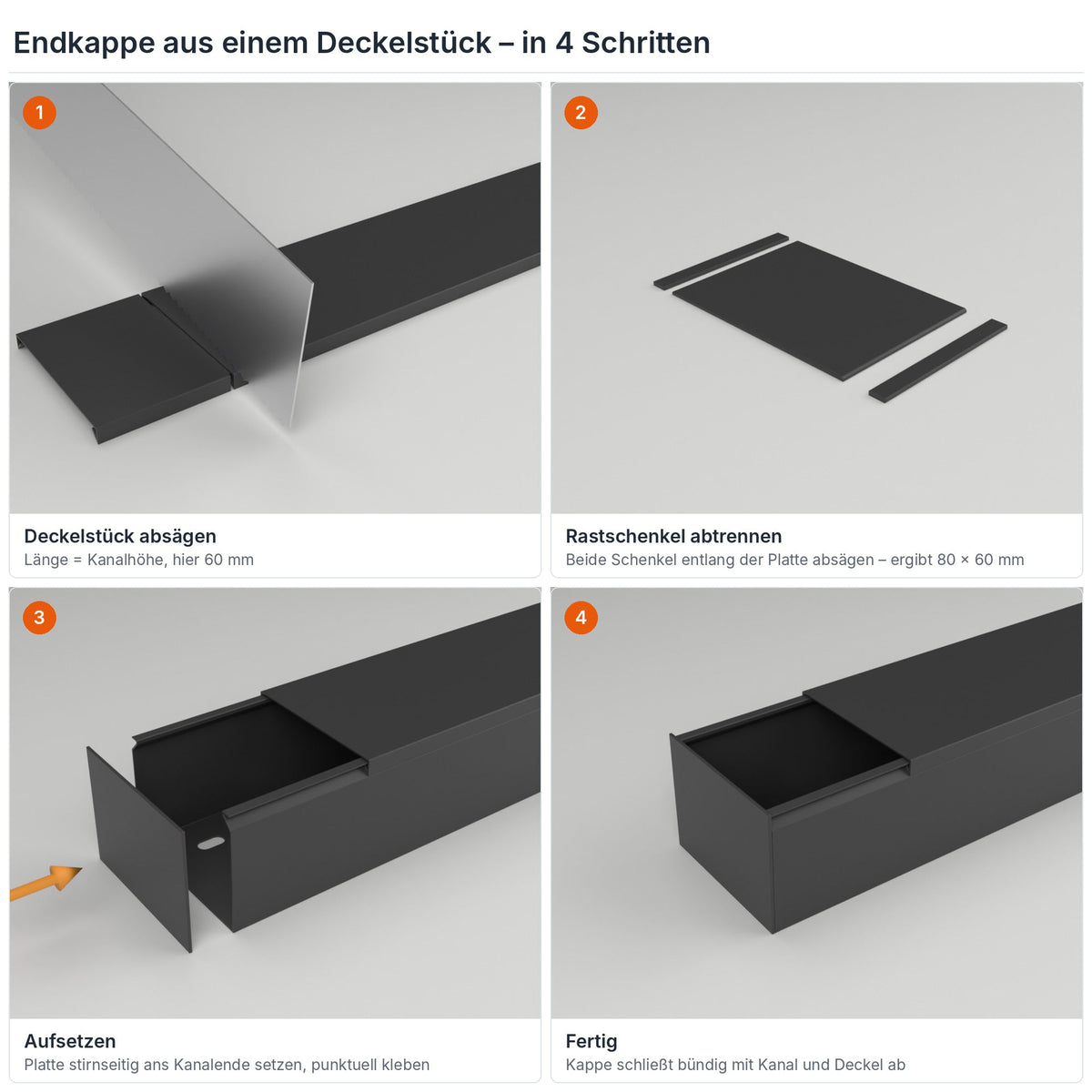 Endkappe für Kabelkanal 80×60 mm aus einem Deckelstück selbst herstellen – in 4 Schritten – Paket 20 Stangen