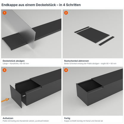 Endkappe für Kabelkanal 80×60 mm aus einem Deckelstück selbst herstellen – in 4 Schritten – Paket 20 Stangen