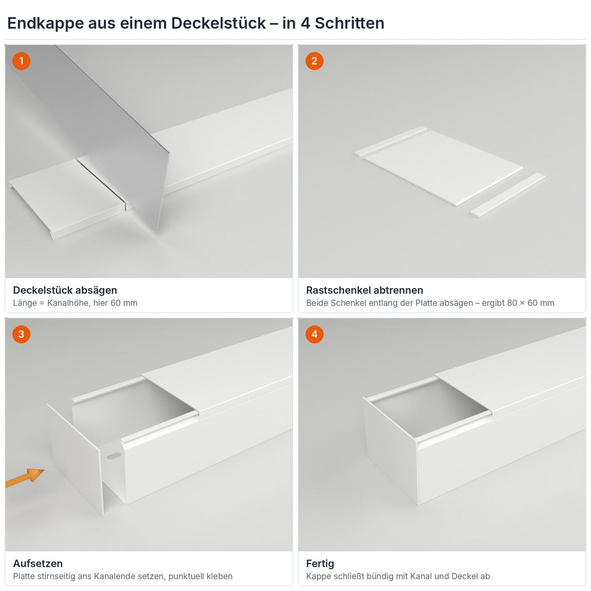 Endkappe für Kabelkanal 80×60 mm aus einem Deckelstück selbst herstellen – in 4 Schritten – Paket 20 Stangen