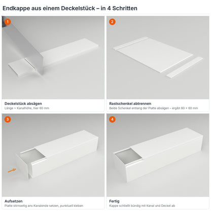Endkappe für Kabelkanal 80×60 mm aus einem Deckelstück selbst herstellen – in 4 Schritten – Paket 20 Stangen