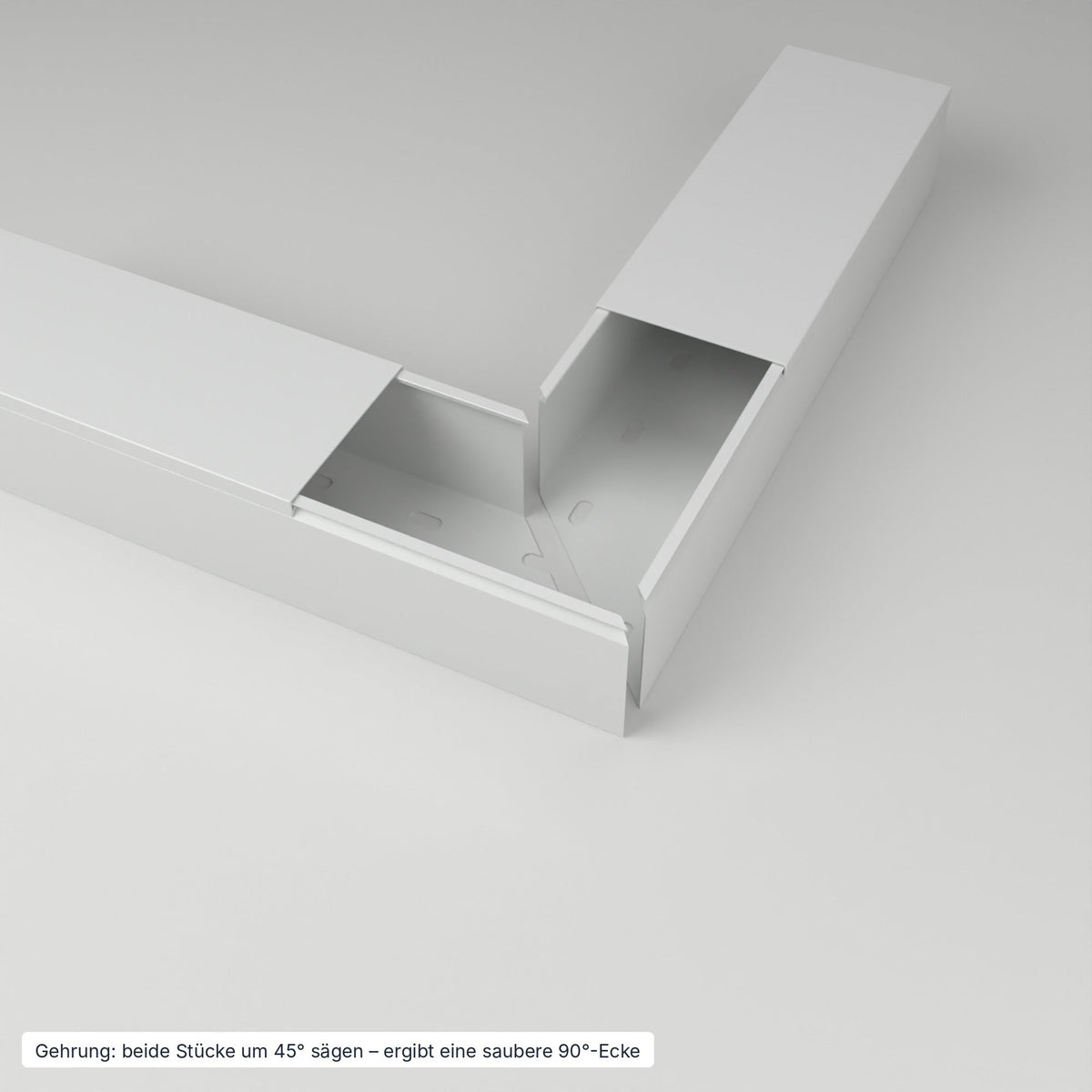 Kabelkanal 80×60 mm Grau – Gehrung: beide Stücke um 45° gesägt ergeben eine saubere 90°-Ecke – Paket 20 Stangen