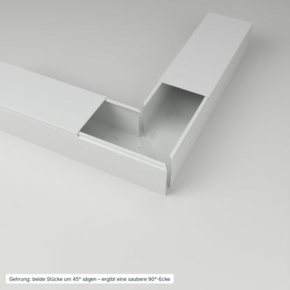 Kabelkanal 80×60 mm Grau – Gehrung: beide Stücke um 45° gesägt ergeben eine saubere 90°-Ecke – Paket 20 Stangen