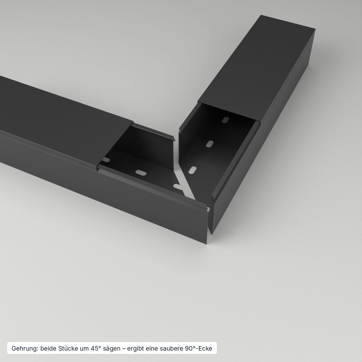 Kabelkanal 80×60 mm Schwarz – Gehrung: beide Stücke um 45° gesägt ergeben eine saubere 90°-Ecke – Paket 20 Stangen