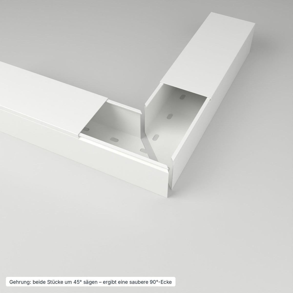 Kabelkanal 80×60 mm Weiß – Gehrung: beide Stücke um 45° gesägt ergeben eine saubere 90°-Ecke – Paket 20 Stangen