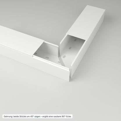 Kabelkanal 80×60 mm Weiß – Gehrung: beide Stücke um 45° gesägt ergeben eine saubere 90°-Ecke – Paket 20 Stangen