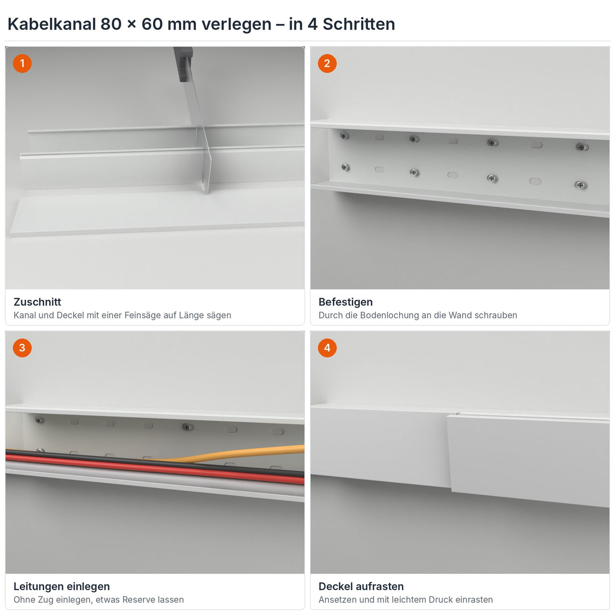 Kabelkanal 80×60 mm verlegen in 4 Schritten: Zuschnitt, Befestigen durch die Bodenlochung, Leitungen einlegen, Deckel aufrasten – Paket 20 Stangen