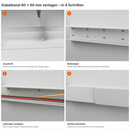 Kabelkanal 80×60 mm verlegen in 4 Schritten: Zuschnitt, Befestigen durch die Bodenlochung, Leitungen einlegen, Deckel aufrasten – Paket 20 Stangen