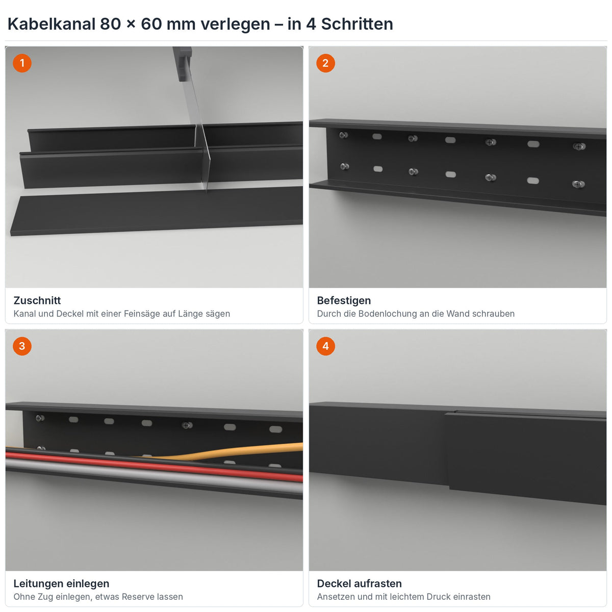 Kabelkanal 80×60 mm verlegen in 4 Schritten: Zuschnitt, Befestigen durch die Bodenlochung, Leitungen einlegen, Deckel aufrasten – Paket 20 Stangen
