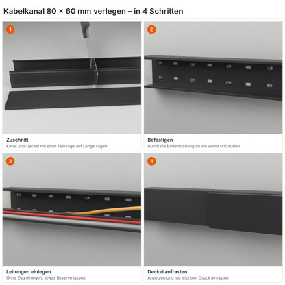 Kabelkanal 80×60 mm verlegen in 4 Schritten: Zuschnitt, Befestigen durch die Bodenlochung, Leitungen einlegen, Deckel aufrasten – Paket 20 Stangen