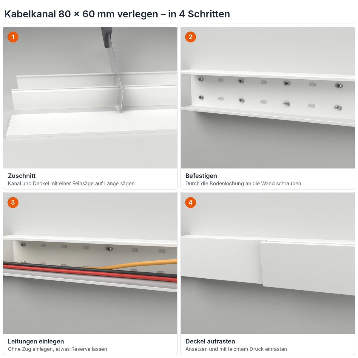 Kabelkanal 80×60 mm verlegen in 4 Schritten: Zuschnitt, Befestigen durch die Bodenlochung, Leitungen einlegen, Deckel aufrasten – Paket 20 Stangen